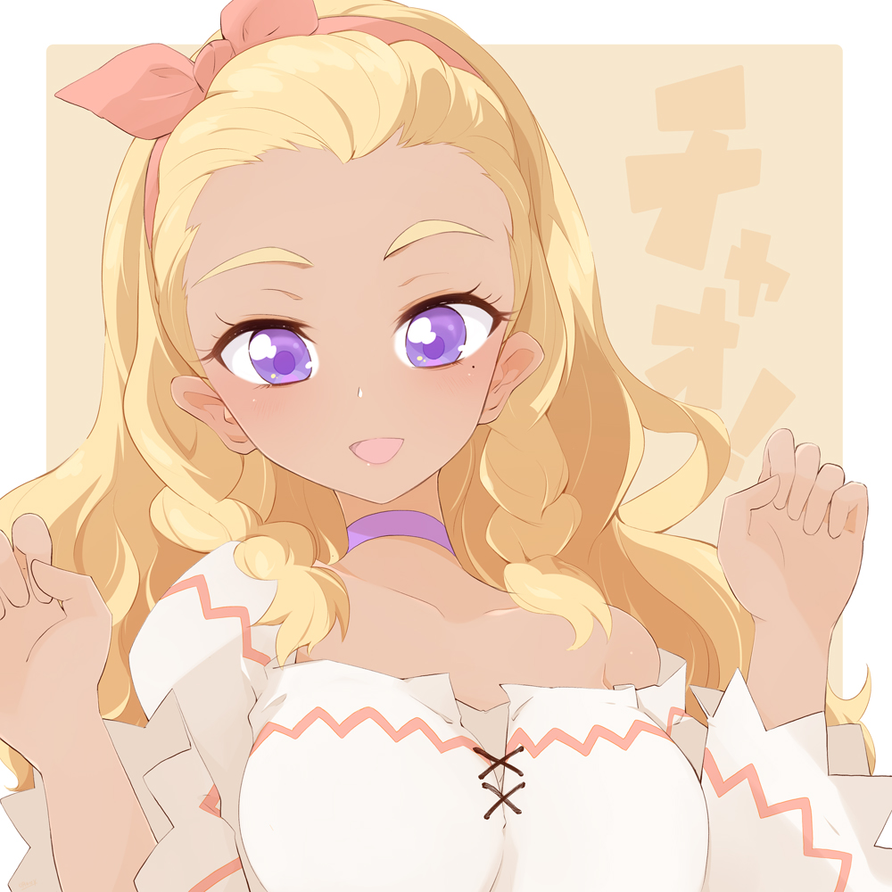 amamiya_elena ashita_wa_hitsuji blonde_hair braid commentary_request dark-skinned_female dark_skin forehead hairband mole mole_under_eye open_mouth precure purple_eyes short_sleeves solo star_twinkle_precure
