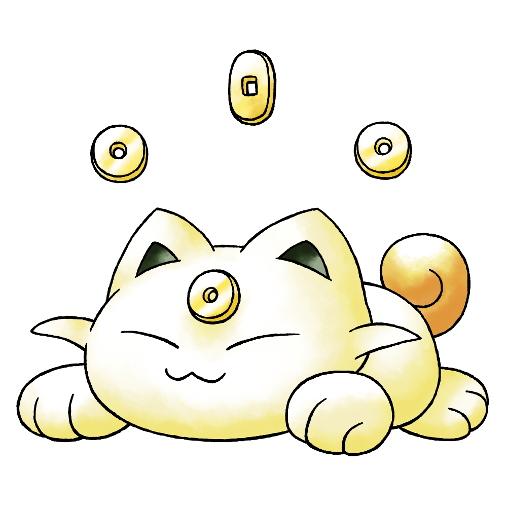 :3 brown_tail cat closed_eyes closed_mouth coin curled_tail derivative_work full_body happy holed_coin koonya_(baby_meowth) lying nintendo no_humans no_nose official_style on_stomach pokemon pokemon_(creature) pokemon_focus pokemon_gsc_(prototype) prototype_design raciebeep short_tail simple_background solo sugimori_ken_(style) tachi-e tail transparent_background watercolor_effect white_fur