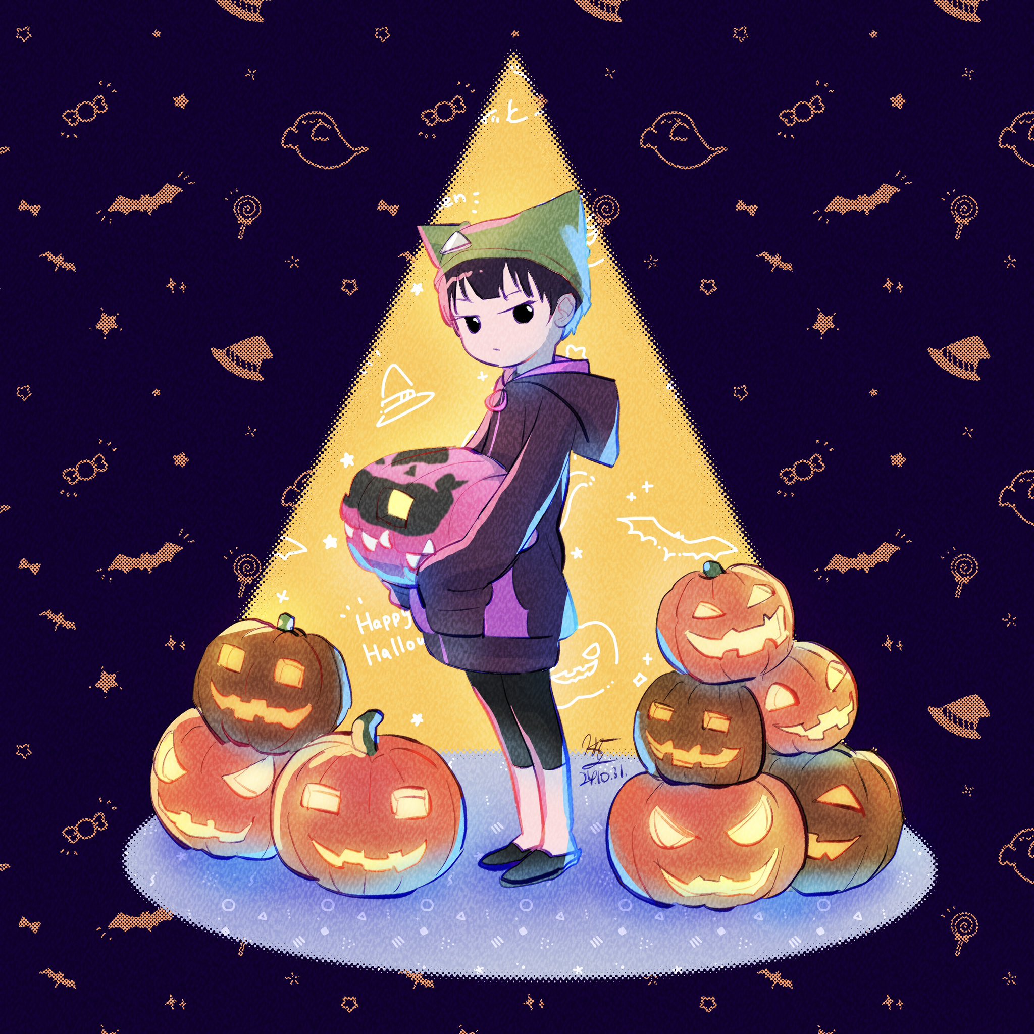 digimon digimon_survive halloween highres looking_at_viewer pumpkin shakomon shinonome_miu smile