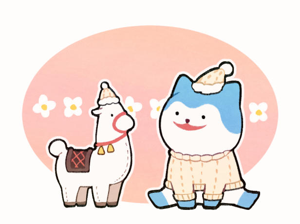 1other alternate_costume aqua_fur fire_emblem fire_emblem_engage kuhaha llama nintendo no_humans open_mouth sommie_(fire_emblem) stuffed_animal stuffed_toy sweater two-tone_fur white_fur