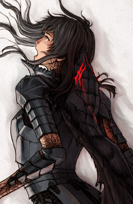 1990s_(style) 1girl alternate_hair_length alternate_hairstyle alternate_universe armor berserk berserker_armor black_hair casca_(berserk) corruption female_focus from_behind fuji_(d38635s10) long_hair open_mouth retro_artstyle solo upper_body