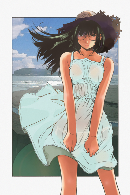 1girl bra chou-mukiryoku_sentai_japafive dress female_focus glass glasses hat japafive lingerie ocean panties sato_masaki_(masayakofu) see-through_clothes solo summer sundress tsukino_shitsuku underwear wind