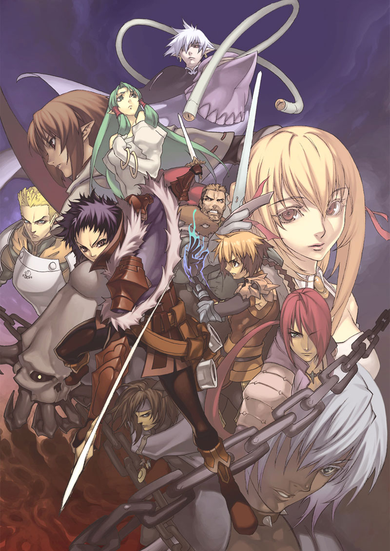 3girls 6+boys armor azalea azalea_(spectral_force) begina begina_(spectral_force) black_hair blonde_hair braid break_(spectral_force) brown_eyes brown_hair chain colored_eyelashes green_hair guriza hair_tubes hiro_(spectral_force) jadou jadou_(spectral_force) long_hair multicolored_hair multiple_boys multiple_girls official_art pointy_ears ponytail radui red_eyes red_hair short_hair simba_(spectral_force) solty spectral_(series) spectral_force sword tina_(spectral_force) two-tone_hair wave_(spectral_force) weapon white_hair