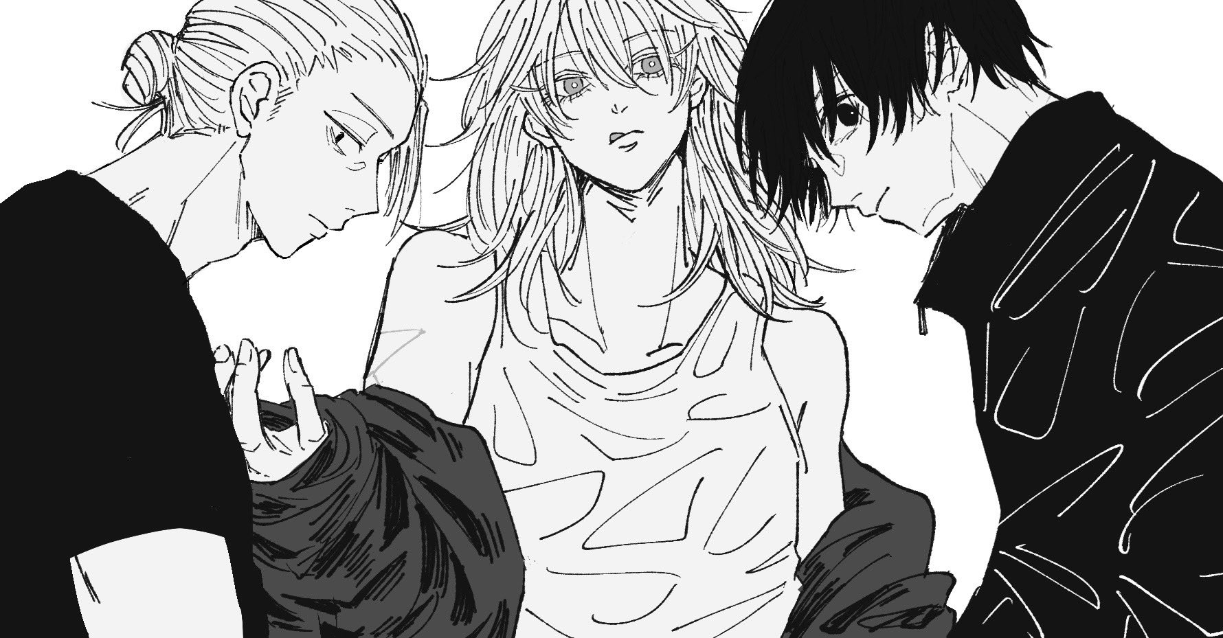 1girl 2boys akao_rion highres jacket lineart multiple_boys nagumo_(sakamoto_days) oteokwr sakamoto_days sakamoto_taro sakamoto_taro_(skinny) shirt simple_background sketch