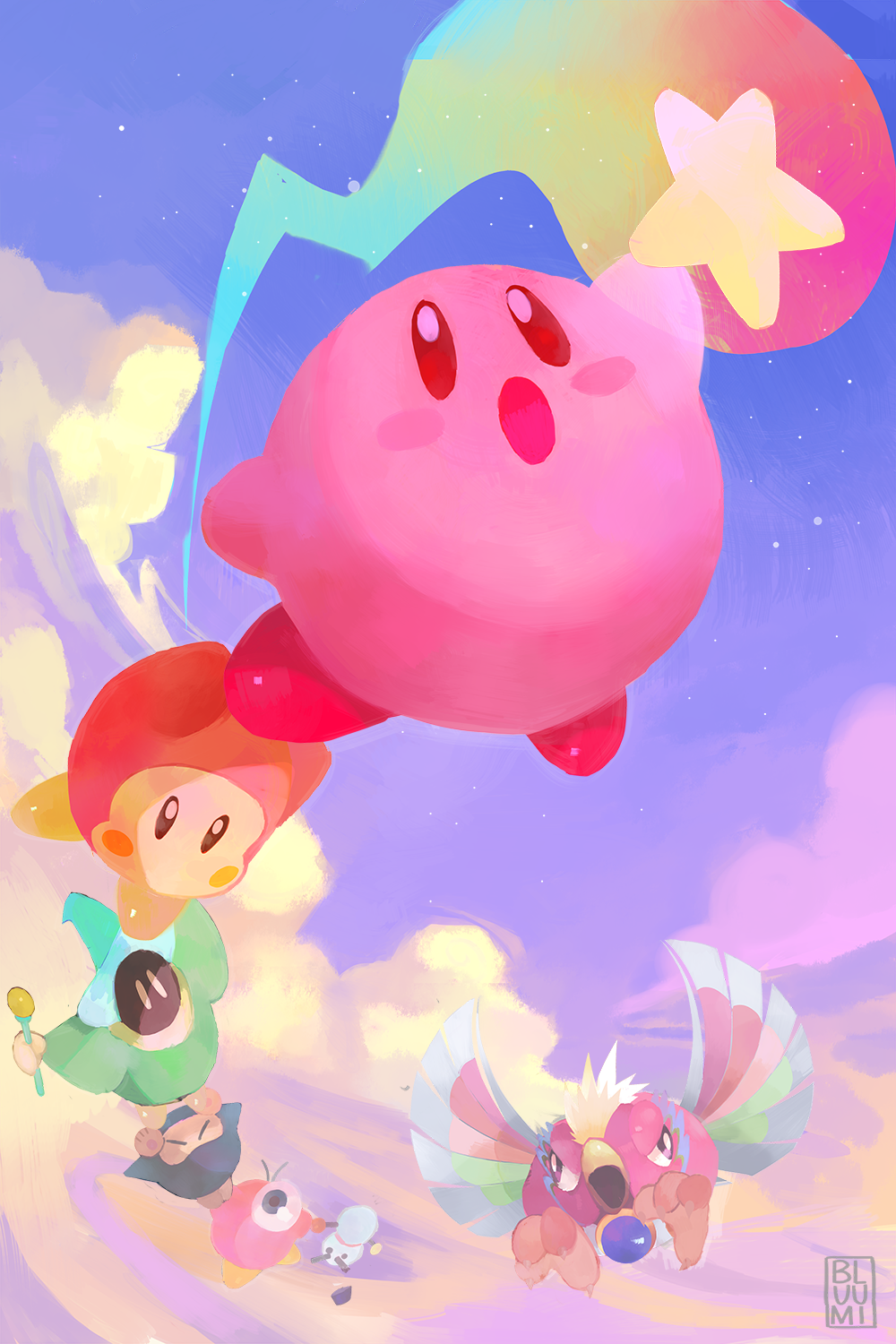 :o bluumi chilly_(kirby) cloud cloudy_sky commentary dyna_blade english_commentary green_robe highres kirby kirby_(series) kirby_super_star nintendo outdoors robe signature simirror sky star_(sky) starry_sky tac_(kirby) tagme waddle_dee waddle_doo warp_star wizard