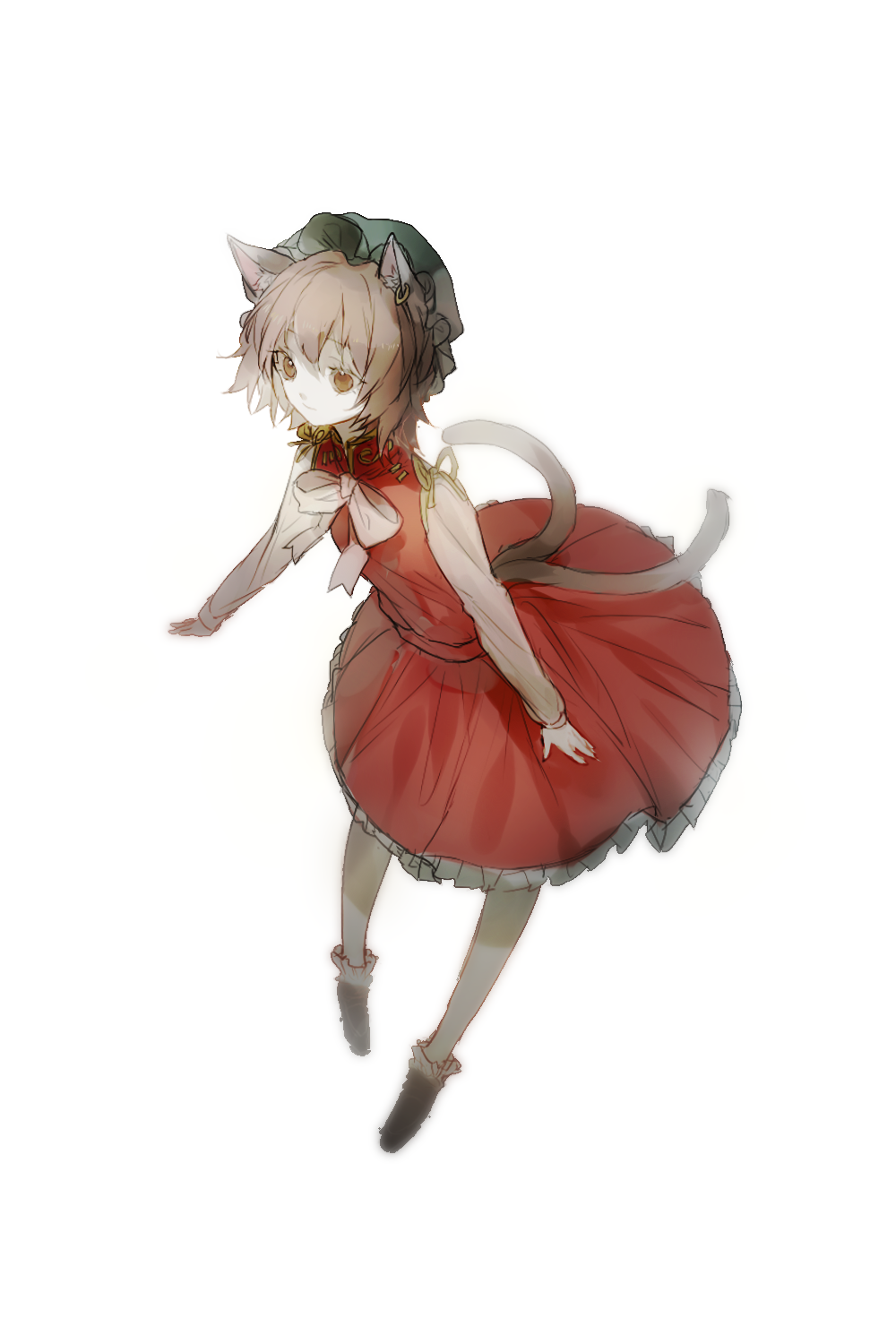 1girl animal_ears black_shoes bow bowtie brown_eyes brown_hair chen cui_(jidanhaidaitang) dress ear_piercing female_focus frilled_dress frilled_legwear frills green_hat hat highres leaning_forward long_sleeves looking_ahead mob_cap multiple_tails nekomata piercing red_dress ribbon shoes short_hair shoulder_ribbon simple_background solo tail touhou two_tails white_background white_bow white_bowtie yellow_ribbon