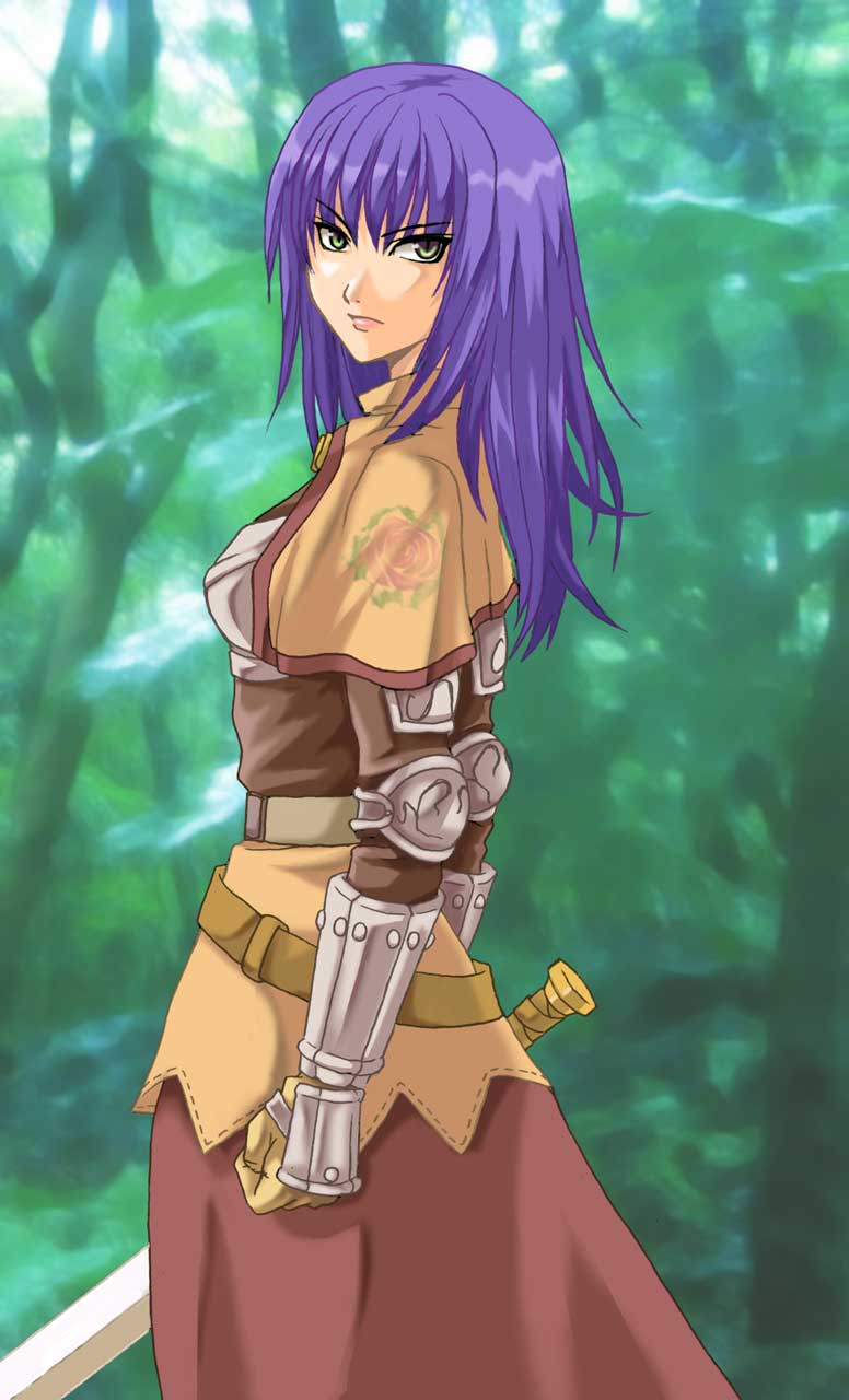 1girl 2000s_(style) brown_capelet brown_dress capelet chest_guard closed_mouth commentary_request cowboy_shot dress feliciel floral_print gauntlets green_background green_eyes highres holding holding_sword holding_weapon lips long_hair looking_at_viewer looking_to_the_side purple_hair ragnarok_online rose_print solo sword swordsman_(ragnarok_online) v-shaped_eyebrows weapon