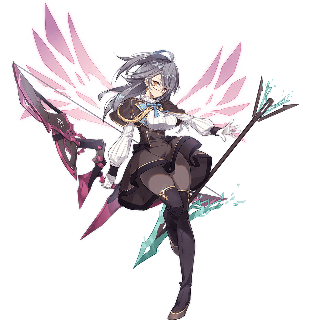 1girl ahoge ark_order black_boots black_pantyhose black_skirt boots breasts energy_wings full_body gloves gold_trim grey_hair high-waist_skirt kzhu large_breasts long_hair long_sleeves official_art pantyhose puffy_long_sleeves puffy_sleeves purple_wings rectangular_eyewear red-framed_eyewear shirt skirt solo tachi-e thigh_boots thighhighs transparent_background vedrfolnir_(ark_order) weapon white_gloves white_shirt wings yellow_eyes