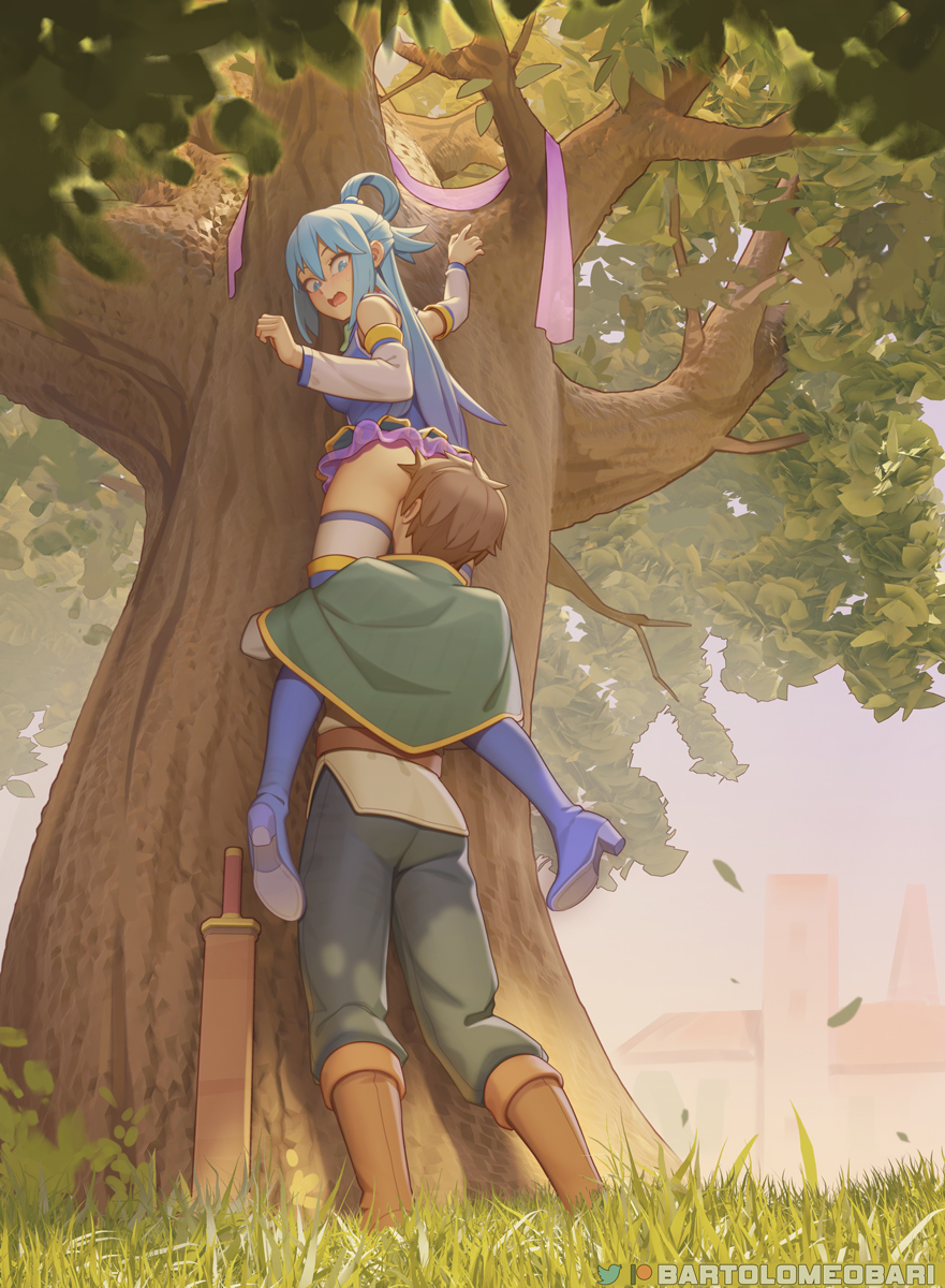 1boy 1girl aqua_(konosuba) artist_name bare_shoulders bartolomeobari black_pants blue_eyes blue_footwear blue_hair boots capelet carrying commentary day detached_sleeves english_commentary face_in_ass full_body grass green_capelet hair_between_eyes hair_rings half_updo hetero high_heel_boots high_heels highres kono_subarashii_sekai_ni_shukufuku_wo! leaf lifting_person long_hair looking_down no_panties open_mouth outdoors pants satou_kazuma sheath sheathed shoulder_carry surprised sword thigh_boots thighhighs tree twitter_logo weapon white_thighhighs