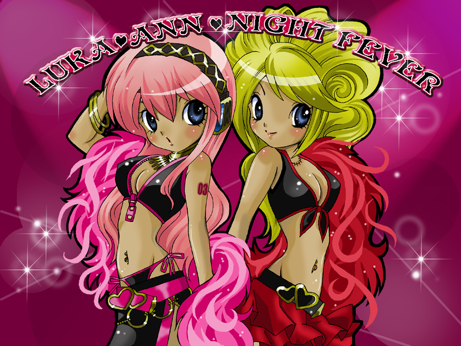 2girls alternate_costume aqua_eyes belt blonde_hair blue_eyes commentary headphones kaorin_minogue long_hair luka_luka_night_fever_(vocaloid) megurine_luka multiple_girls pants pink_hair scarf skirt song_name sparkle_background sweet_ann vocaloid