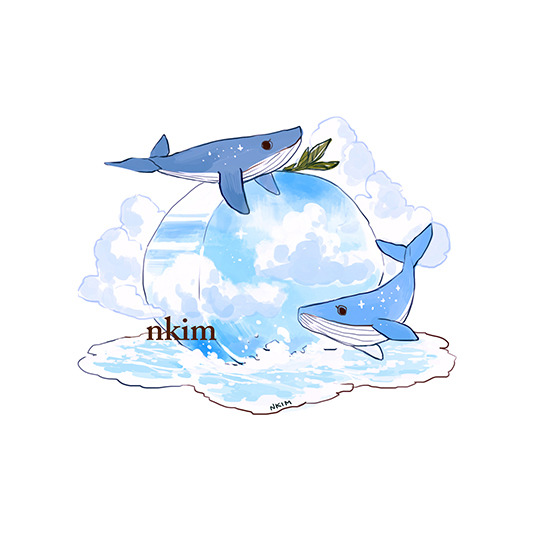 artist_name blue_sky cloud cloudy_sky floating ice mint nadia_kim no_humans original puddle simple_background sky sparkle whale white_background