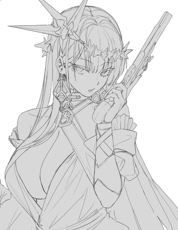 1girl dress earrings gun hand_up handgun jewelry long_hair monochrome nine_(kanine41) original percussion_lock simple_background solo twitter upper_body venus_symbol weapon white_background