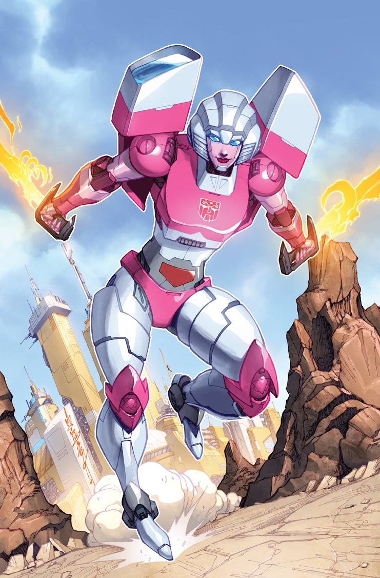 1girl alex_milne arcee artist_collaboration autobot city commentary dual_wielding dust dyemooch energy_sword english_commentary holding holding_sword holding_weapon mecha no_humans robot running science_fiction smile solo sword transformers weapon