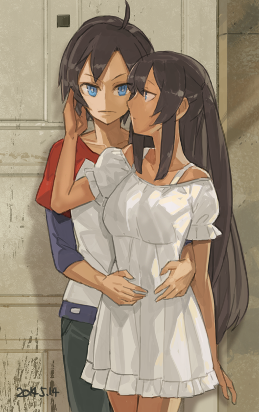 1boy 1girl ahoge black_hair blue_eyes captain_earth closed_mouth dark-skinned_female dark_skin dated dress long_hair looking_at_viewer manatsu_daichi mutou_hana short_hair toro_(konirio)