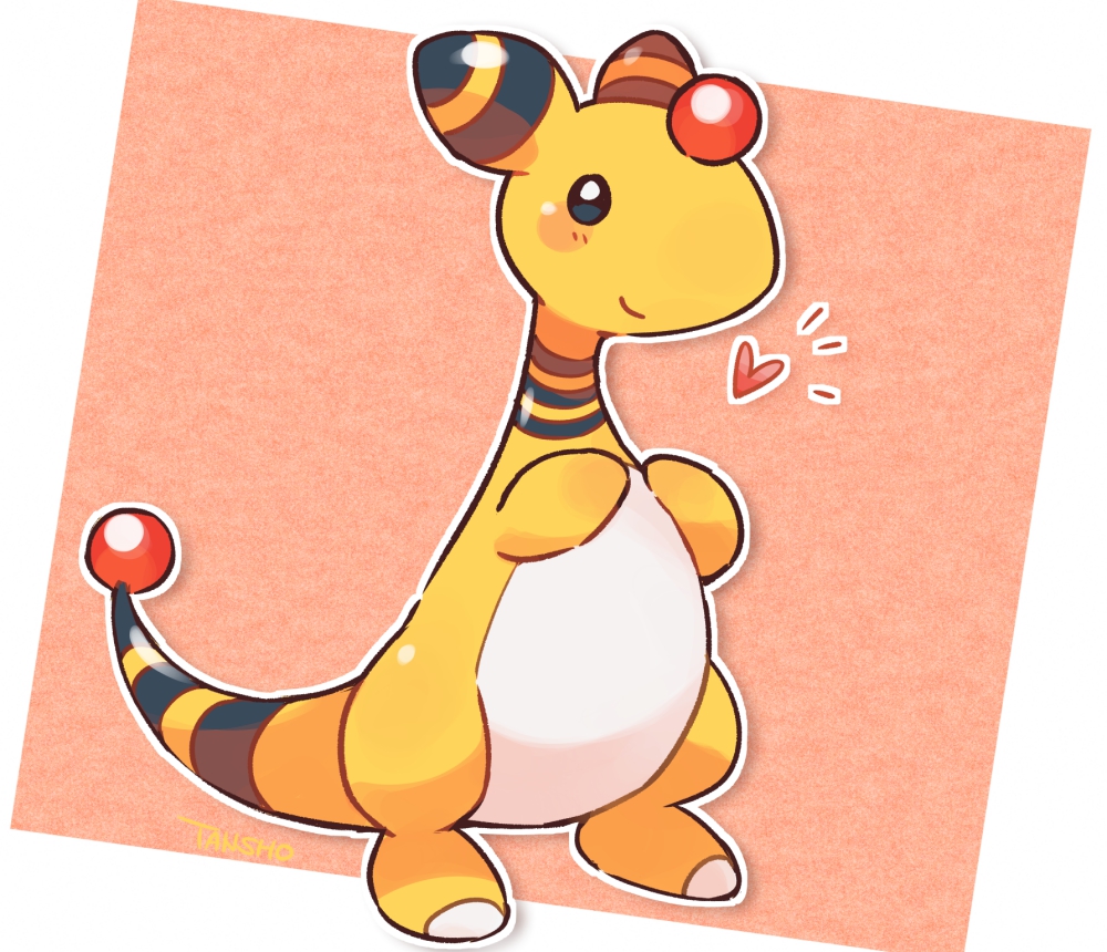 ampharos artist_name black_eyes blue_eyes blush bright_pupils colored_skin forehead_jewel full_body gen_2_pokemon heart nintendo no_humans pokemon pokemon_(creature) signature solo standing tansho white_pupils yellow_skin