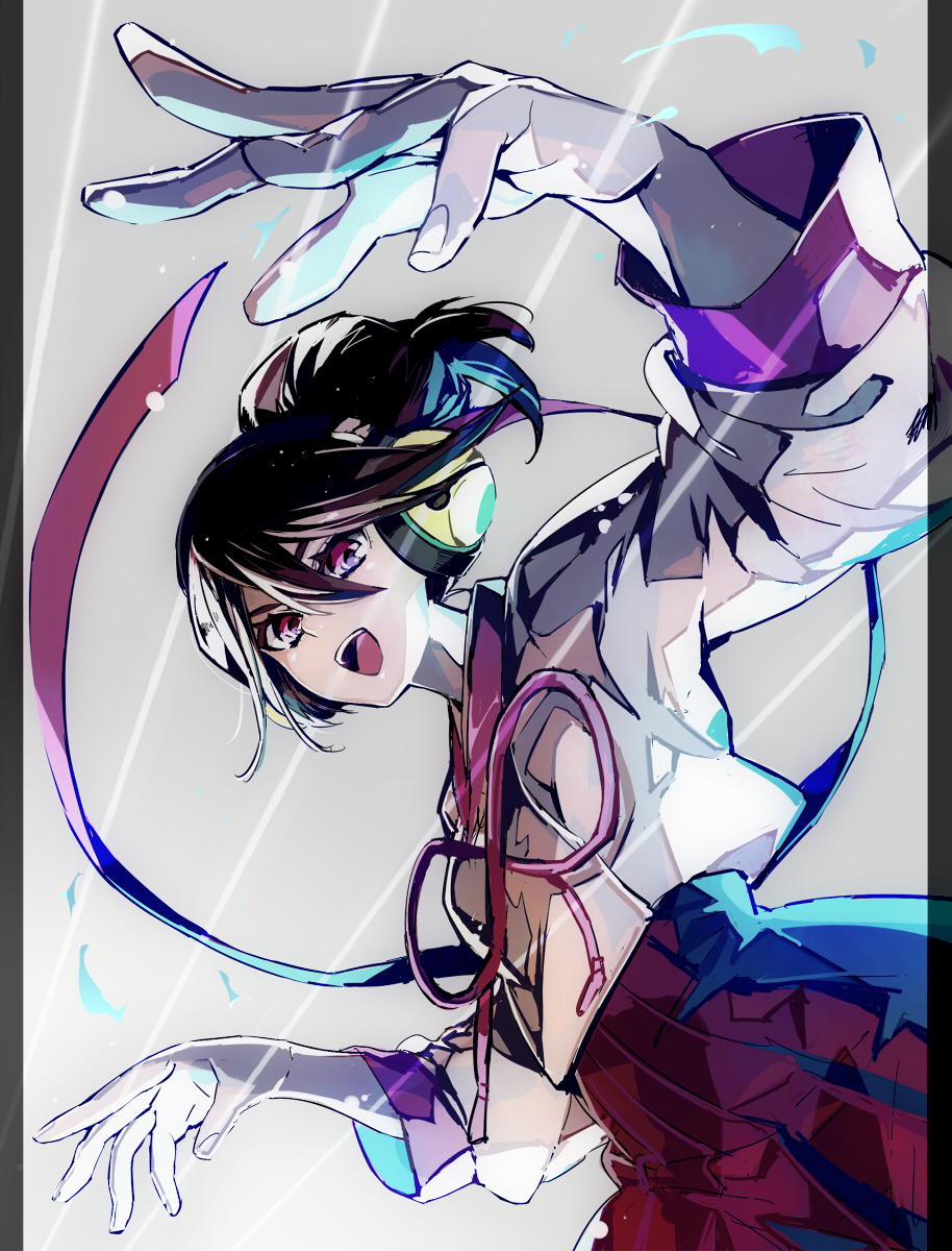 1girl black_hair breasts female_focus guilty_gear guilty_gear_xrd headphones highres korean_clothes kum_haehyun open_mouth pleated_skirt red_eyes ribbon skirt small_breasts solo suzunashi