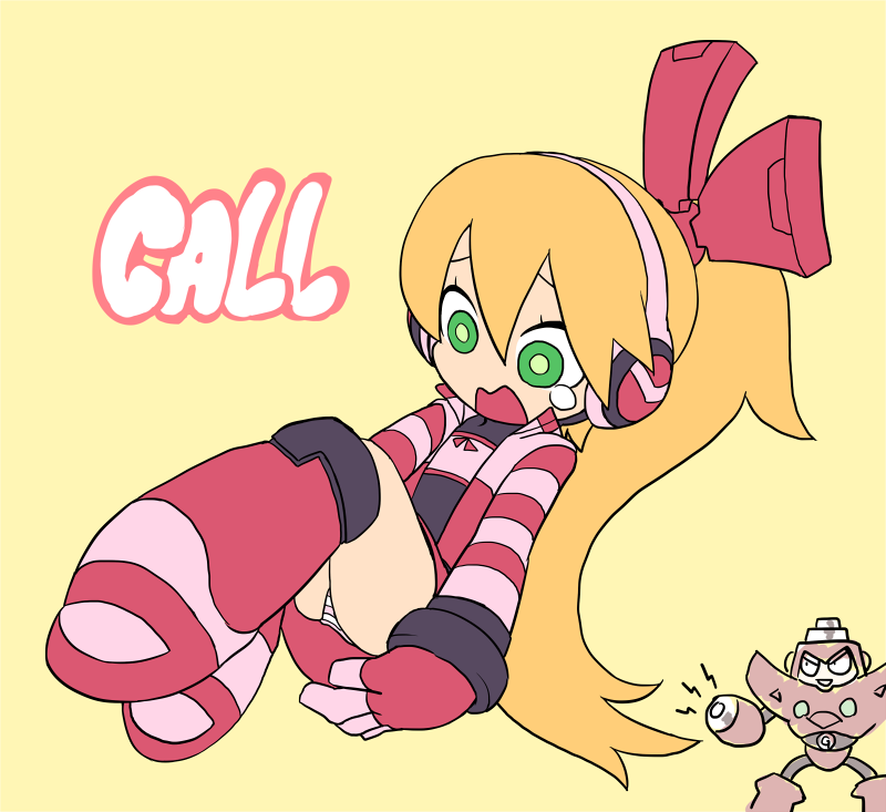1boy 1girl blonde_hair boots call_(mighty_no._9) crossover gloves gravity_man green_eyes humanoid_robot knee_boots long_hair mega_man_(classic) mega_man_(series) mega_man_2 mega_man_5 mighty_no._9 muu_(mumumer) open_mouth panties ponytail robot simple_background smile striped_clothes striped_panties tearing_up underwear