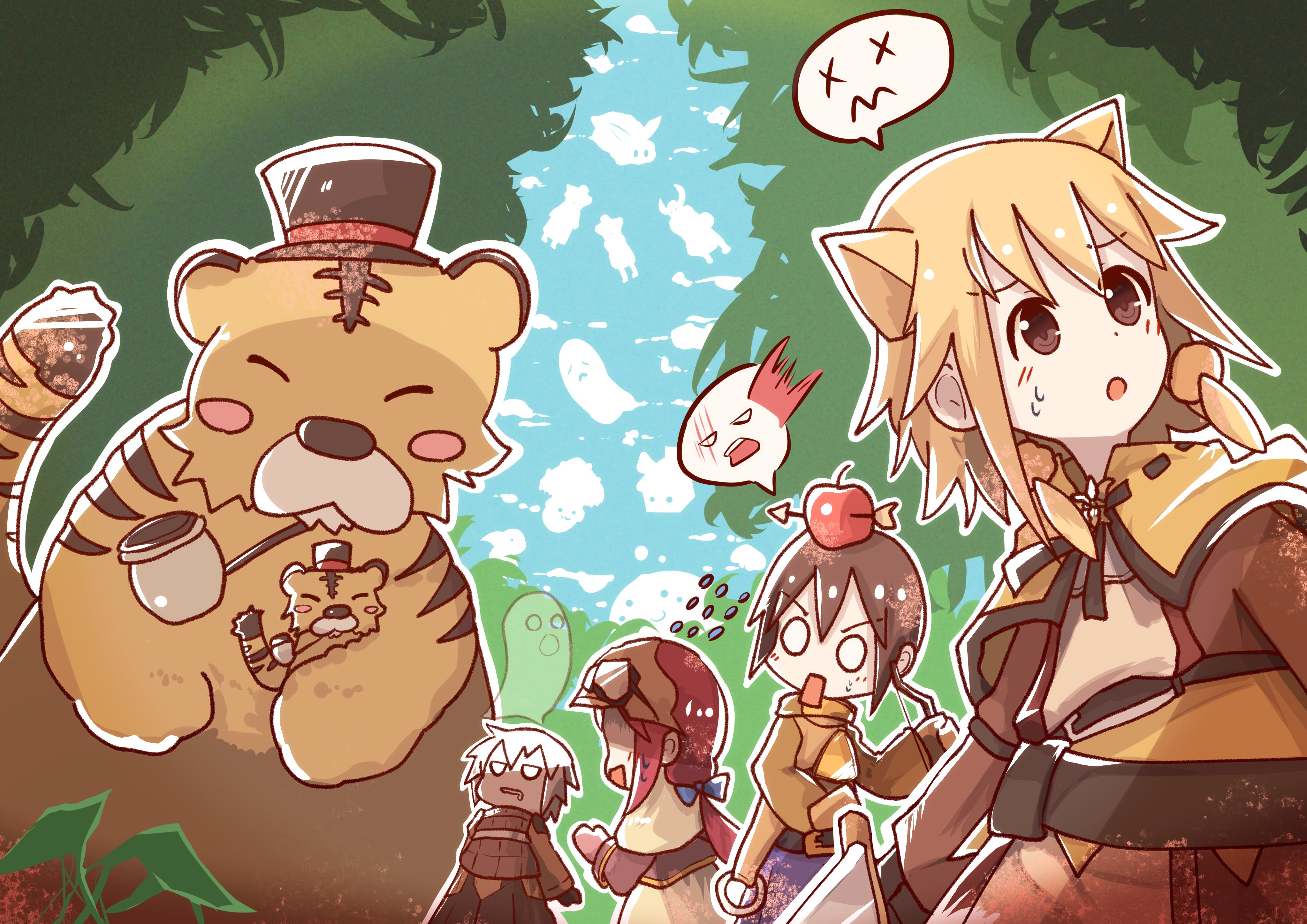 2boys 2girls absurdres acolyte_(ragnarok_online) apple apple_on_head archer_(ragnarok_online) arrow_through_apple belt black_belt black_headwear blonde_hair blue_bow bow bow_(weapon) brown_capelet brown_dress brown_gloves brown_hair brown_shirt brown_shorts brown_skirt capelet cloud commentary_request cowboy_shot day dress eddga flying_sweatdrops food forest fruit giving_up_the_ghost gloom_(expression) gloves goggles goggles_on_head hair_bow hat highres holding holding_bow_(weapon) holding_sword holding_weapon long_hair long_sleeves low_ponytail lunatic_(ragnarok_online) multiple_boys multiple_girls muneate nature open_mouth outdoors pipe_in_mouth ponytail poring ragnarok_online red_hair rune_caestus shirt short_hair shorts skirt smoking_pipe spore_(ragnarok_online) surprised sword swordsman_(ragnarok_online) thief_(ragnarok_online) tiger top_hat weapon whisper_(ragnarok_online) white_hair