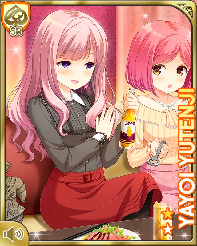 2girls :d :o alcohol beer breasts card_(medium) chair character_name dress girlfriend_(kari) indoors jewelry looking_at_viewer medium_breasts medium_hair multiple_girls necklace night office official_art open_mouth pink_hair purple_eyes qp:flapper red_dress shirt sitting smile table tachibana_kyouko_(girlfriend_(kari)) tagme teacher yutenji_yayoi