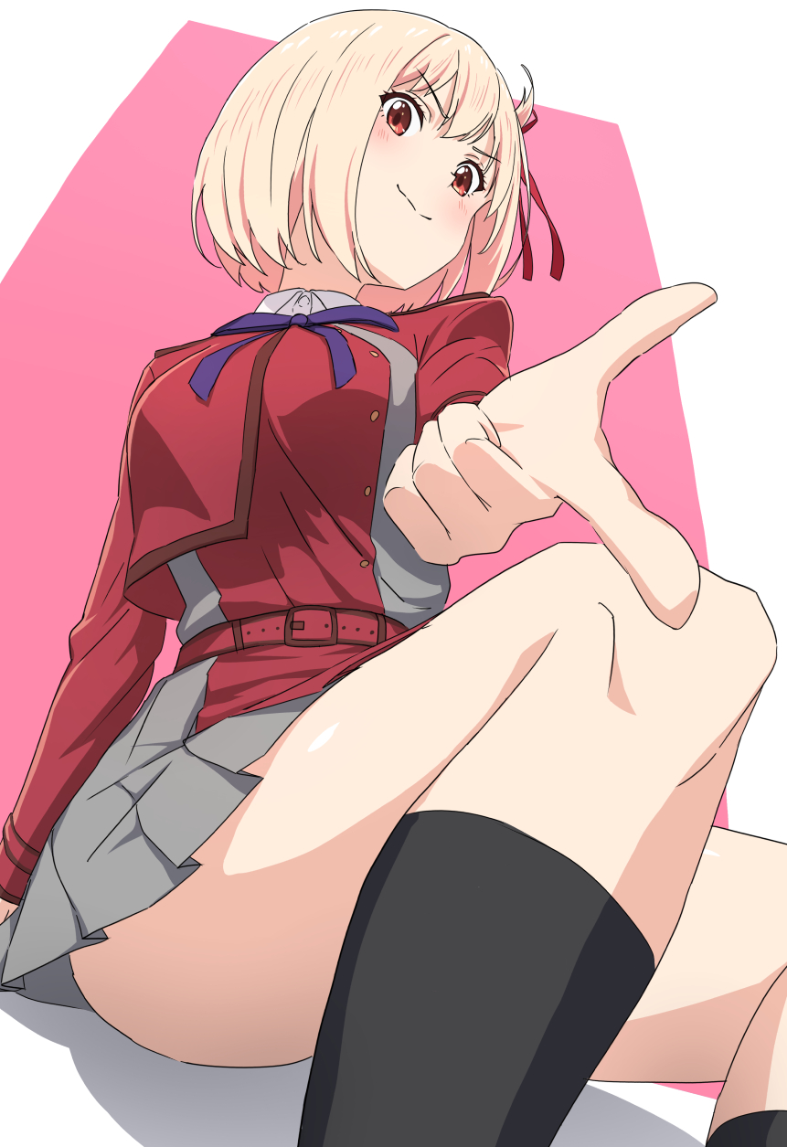 1girl bare_legs belt black_socks blonde_hair bob_cut breasts closed_mouth finger_gun hair_ribbon hatenoga highres large_breasts long_sleeves looking_at_viewer lycoris_recoil lycoris_uniform neck_ribbon nishikigi_chisato pleated_skirt pointing pointing_at_viewer red_belt red_eyes red_ribbon ribbon short_hair sitting skirt socks solo thighs v-shaped_eyebrows wing_collar