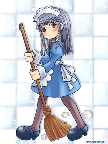 1girl alice_(ragnarok_online) apron bad_id black_hair black_shoes blue_dress blush broom brown_eyes brown_pantyhose closed_mouth commentary dated_commentary dress dust_cloud english_commentary expressionless full_body holding holding_broom juliet_sleeves lola-art long_hair long_sleeves looking_at_viewer looking_to_the_side maid maid_headdress mary_janes opencanvas_(medium) pantyhose puffy_sleeves ragnarok_online shoes solo walking white_apron