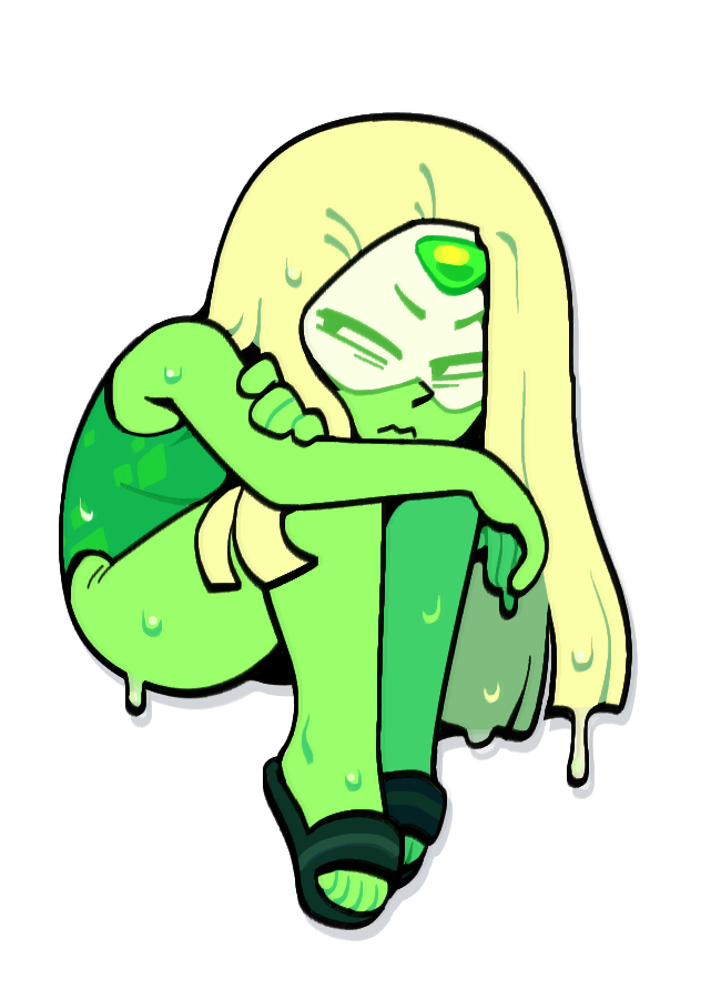 1girl alternate_hair_length alternate_hairstyle blonde_hair colored_skin discount-supervillain face_shield forehead_jewel gem gem_(steven_universe) green_skin peridot_(steven_universe) sandals slides solo steven_universe wet wet_hair