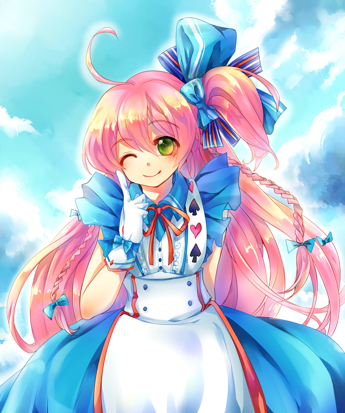 1girl ahoge arm_behind_back blush bow braid eclia eshiria_(shironeko_project) female_focus gloves green_eyes hair_bow long_hair one_eye_closed pink_hair shironeko_project smile solo tachiuo_(arines) very_long_hair white_gloves