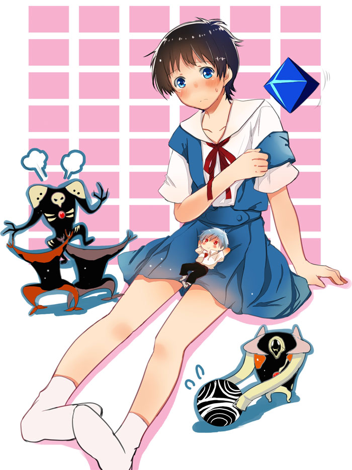 2boys angel_(evangelion) angry bad_id bad_pixiv_id blush brown_hair chibi creature crossdressing feet frown ikari_shinji israfel_(evangelion) leliel_(evangelion) male_focus mini_person miniboy multiple_boys nagisa_kaworu neon_genesis_evangelion ramiel_(evangelion) sachiel_(evangelion) school_uniform sitting skirt socks sweat trap zeruel_(evangelion) zonana