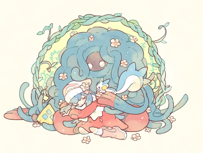 1girl beanie blue_hair boots closed_eyes closed_mouth coat dark_blue_hair dawn_(pokemon) flower gen_3_pokemon gen_4_pokemon hair_ornament hat katiko kneehighs long_hair long_sleeves nintendo pachirisu pink_boots pink_flower pokemon pokemon_(creature) pokemon_dppt pokemon_platinum red_coat scarf smile snorunt socks tangrowth white_headwear white_scarf white_socks