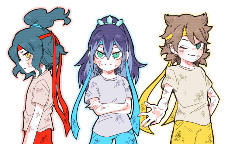 10s 1girl 2boys brown_hair cowboy_shot crossed_arms dirty fubukihime geusaeng green_eyes green_hair high_ponytail kyuubi_(youkai_watch) looking_at_viewer multiple_boys one_eye_closed orochi_(youkai_watch) personification ponytail purple_hair simple_background smile white_background yellow_eyes youkai_watch