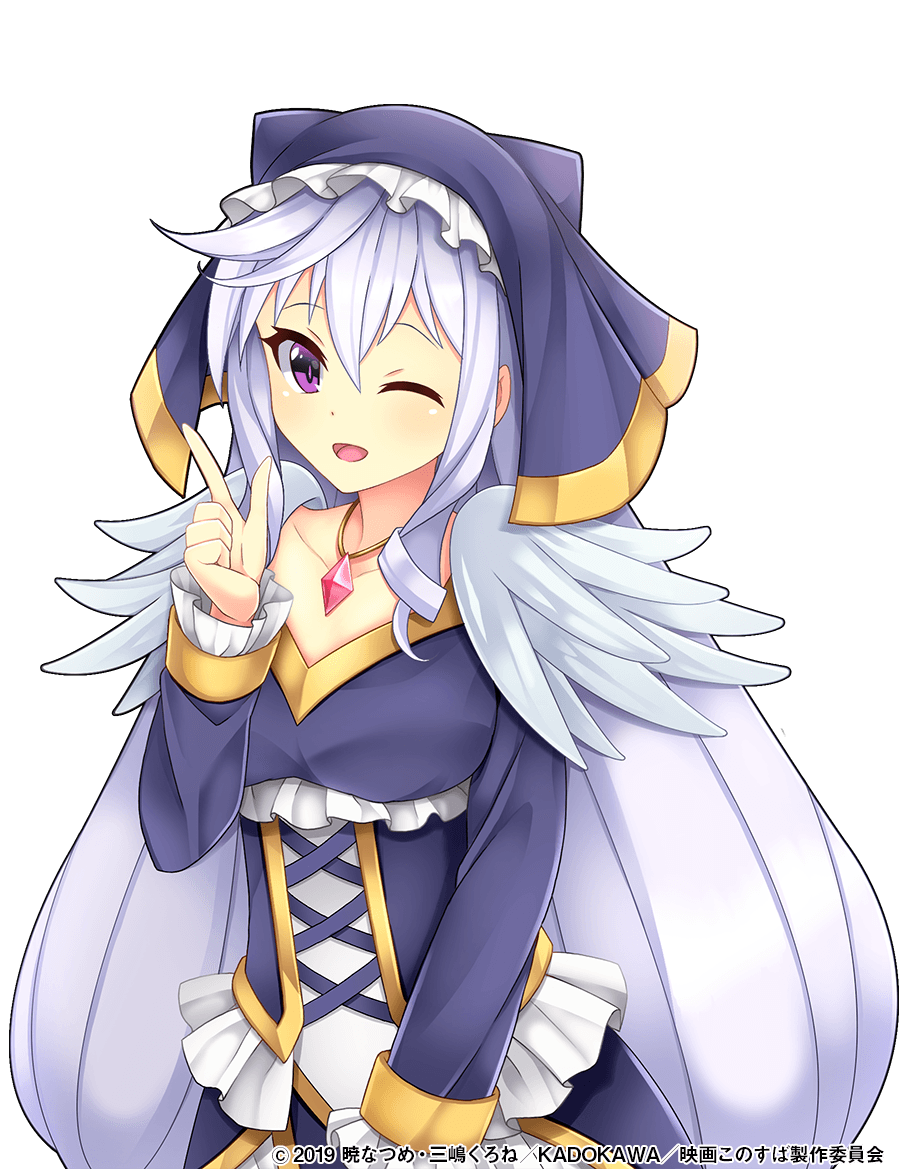 1girl breasts cowboy_shot crossover dress edamame_senpai eris_(konosuba) feather_trim female_focus hair_between_eyes index_finger_raised jewelry kono_subarashii_sekai_ni_shukufuku_wo! long_hair looking_at_viewer medium_breasts necklace official_art one_eye_closed open_mouth pendant purple_eyes silver_hair simple_background smile solo transparent_background veil vivid_army watermark white_background