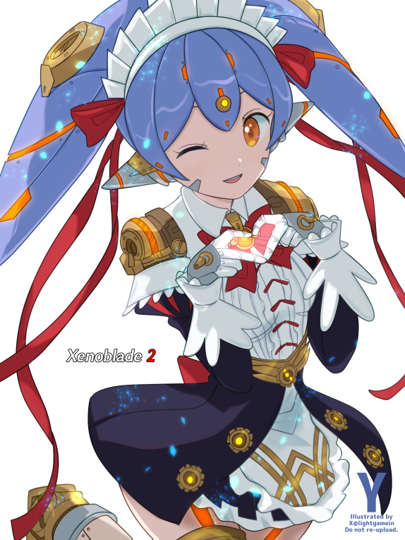 1girl :d android blue_hair bow brown_eyes commentary_request copyright_name detached_sleeves dress gloves hands_up heart heart_hands juliet_sleeves long_sleeves looking_at_viewer maid_headdress open_mouth poppi_(xenoblade) poppi_qt_(xenoblade) puffy_sleeves red_bow simple_background sleeves_past_wrists smile solo standing standing_on_one_leg takasaka_light twintails watermark white_background white_dress white_gloves xenoblade_chronicles_(series) xenoblade_chronicles_2
