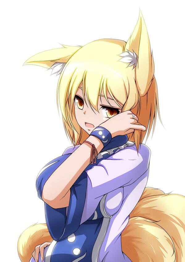 1girl animal_ears bad_id bad_twitter_id blonde_hair breasts dress female_focus fox_ears fox_girl fox_tail from_side hand_on_own_hip impossible_clothes large_breasts looking_at_viewer merry_(diameri) multiple_tails no_headwear ruffling_hair short_hair solo tabard tail touhou white_dress yakumo_ran yellow_eyes