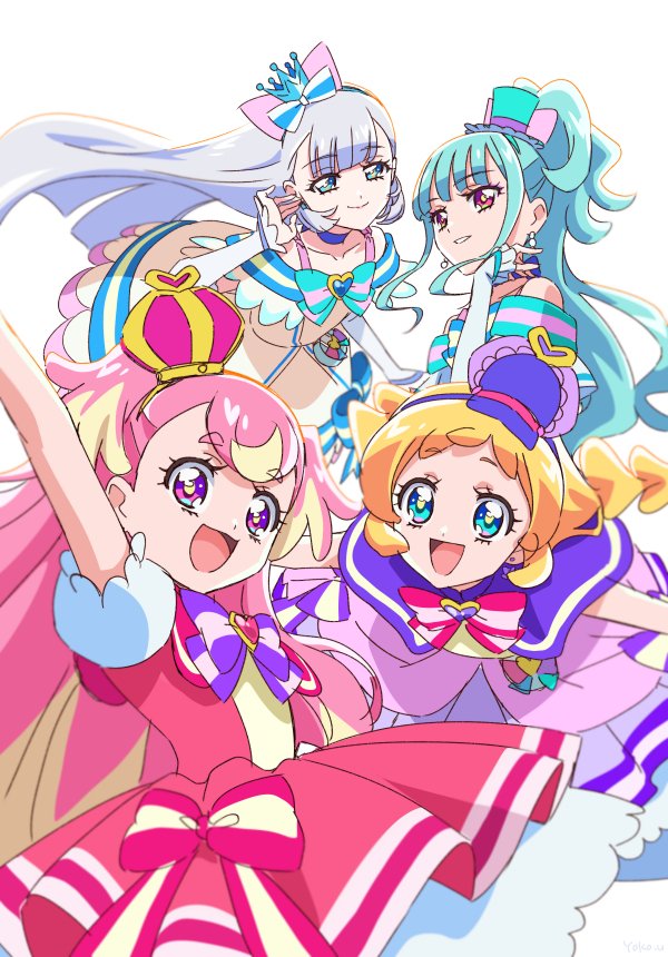 4girls :d aqua_hair arched_crown arm_up blonde_hair blue_choker blue_eyes blue_hair blue_hairband bow brooch choker commentary_request cowboy_shot crown cure_friendy cure_lillian cure_nyammy cure_wonderful dress hair_bow hairband hand_up hat heart heart_brooch inukai_iroha inukai_komugi jewelry long_hair looking_at_viewer magical_girl mini_crown mini_hat mini_top_hat multicolored_hair multiple_girls nekoyashiki_mayu nekoyashiki_yuki open_mouth outstretched_arm pink_bow pink_hair precure purple_bow purple_eyes side_ponytail simple_background smile standing top_hat two-tone_hair two_side_up white_background white_dress wonderful_precure! yoko.u