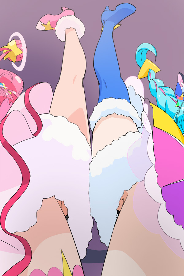 2girls animal_ear_fluff animal_ears blue_hair blue_thighhighs braid cat_ears character_request cure_cosmo extra_ears haruyama_kazunori high_heels long_hair magical_girl multiple_girls precure star_twinkle_precure thighhighs twin_braids twintails yuni_(precure)