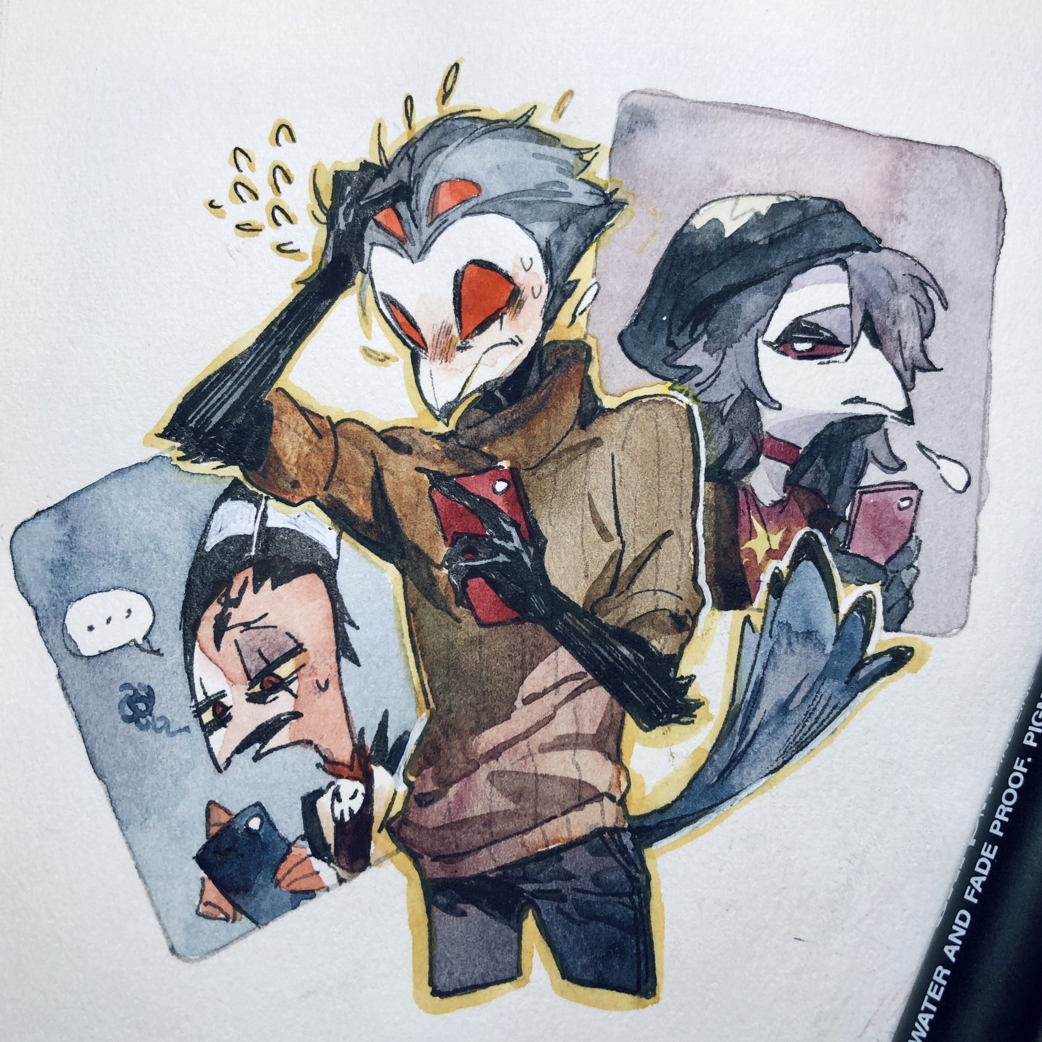 1girl 2boys beak bird_boy black_pants blitzo_(helluva_boss) blush brown_sweater choker demon_boy demon_horns extra_eyes grey_hair hand_on_own_head helluva_boss highres holding holding_phone horns multiple_boys octavia_(helluva_boss) outline owl_boy pants phone red_choker red_eyes stolas_(helluva_boss) sweat sweater traditional_media turtleneck turtleneck_sweater wraith615 yellow_outline