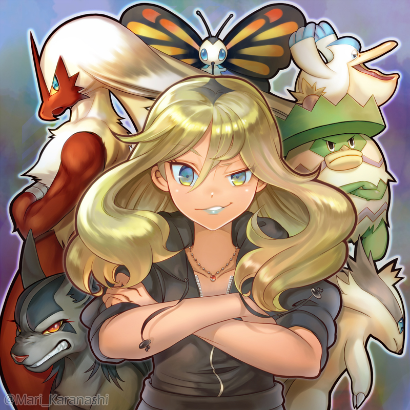 1girl beautifly bird black_hair blaziken blonde_hair blue_eyes blue_lips bug butterfly collarbone crossed_arms delinquent_(pokemon) eyelashes eyes_visible_through_hair ganguro gen_3_pokemon gyaru hair_between_eyes hood hood_down hoodie insect jewelry karanashi_mari linoone lipstick long_hair looking_at_viewer ludicolo makeup mightyena multicolored_eyes multicolored_hair necklace nintendo npc_trainer outline pelican pelipper pokemon pokemon_(creature) pokemon_oras sleeves_pushed_up smirk tsurime twitter_username two-tone_hair uneven_eyes unzipped upper_body wavy_hair yellow_eyes zipper