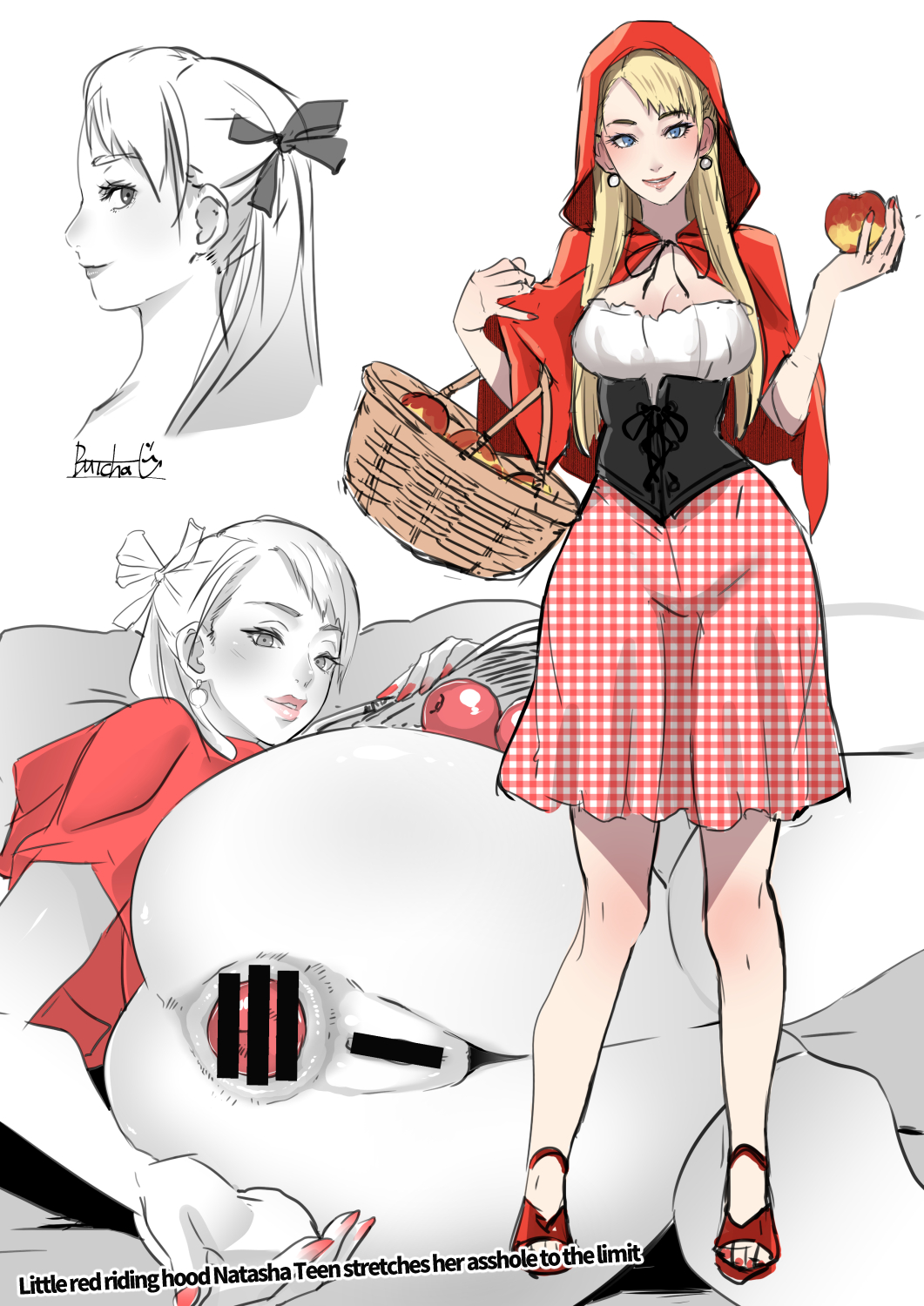 1girl anal anal_object_insertion anus ass basket blonde_hair blue_eyes blush breasts butcha-u capelet censored cleavage cloak closed_mouth cosplay english_text food_in_ass highres holding holding_basket hood hood_up hooded_capelet hooded_cloak large_breasts little_red_riding_hood_(grimm) little_red_riding_hood_(grimm)_(cosplay) long_hair looking_at_viewer object_insertion original picnic_basket pussy red_capelet red_cloak red_hood sex_toy smile solo solo_focus text_focus translation_request white_background