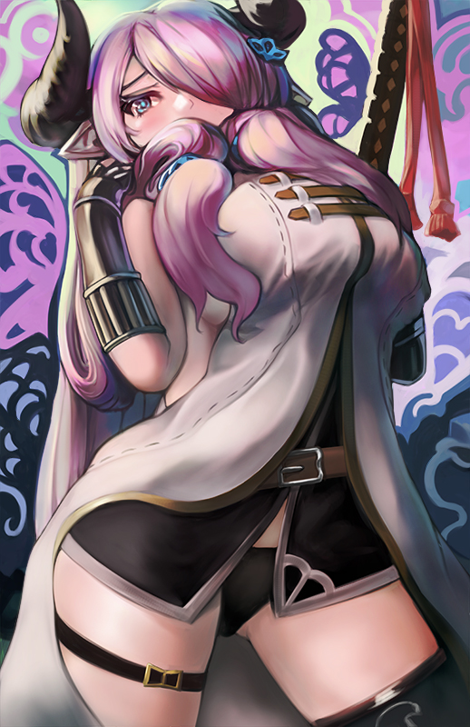 10s 1girl arched_back bare_shoulders belt black_gloves black_panties black_thighhighs blue_eyes blush braid breasts comic-z cow_girl cow_horns cowboy_shot draph dress female_focus fingerless_gloves gloves granblue_fantasy hair_ornament hair_over_one_eye hair_over_shoulder hairclip horns katana large_breasts light_purple_hair long_hair miniskirt narmaya_(granblue_fantasy) panties pointy_ears purple_hair scrunchie sheath sheathed skirt sleeveless solo standing sword thigh_strap thighhighs underwear weapon