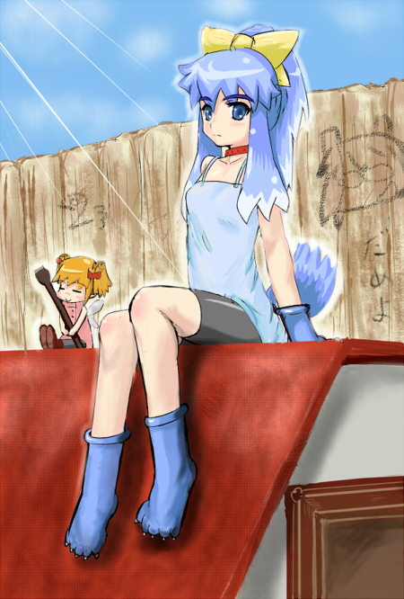2girls animal_ears animal_hands bad_id bad_pixiv_id bike_shorts blue_eyes blue_hair boots bow ce-tan child dog_ears dog_feet dog_tail fence inu-t multiple_girls orange_hair os-tan ponytail ribbon sabotenten tail yellow_bow