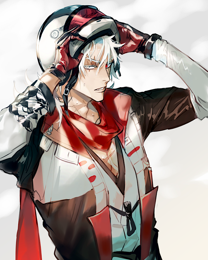 1boy 5_(femfamme) alchemy_stars arms_up bandana clenched_teeth gloves helmet heterochromia jacket long_hair long_sleeves looking_at_viewer male_focus motorcycle_helmet open_clothes open_jacket red_eyes red_gloves removing_helmet scar solo sweat taki_(alchemy_stars) taki_(desert_dragon)_(alchemy_stars) teeth white_eyes white_hair