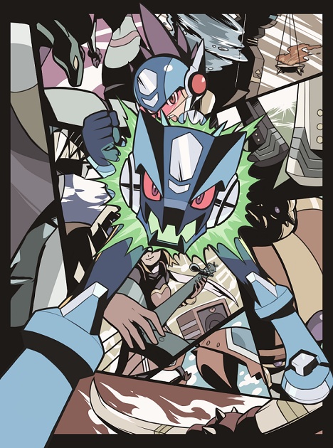 black_hair border brown_eyes capcom full_body harp_note_(mega_man) helmet hoshikawa_subaru kin_niku mega_man_(series) mega_man_star_force_(series) omega-xis_(mega_man) red_eyes sonia_strumm_(mega_man) spiked_hair