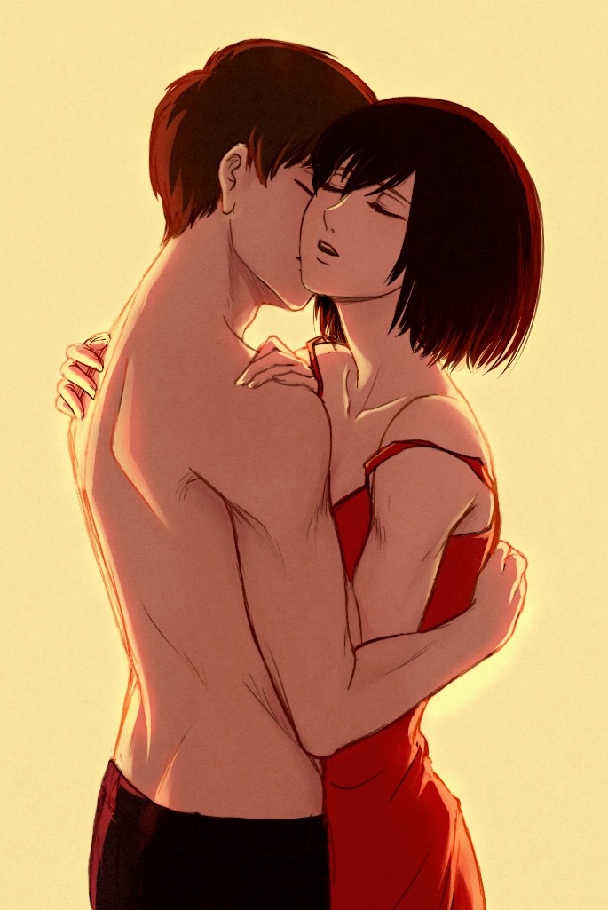 1boy 1girl black_hair brown_hair closed_eyes commentary daydream24-7 dress english_commentary eren_yeager medium_hair mikasa_ackerman open_mouth red_dress shingeki_no_kyojin strap_slip topless_male yellow_background