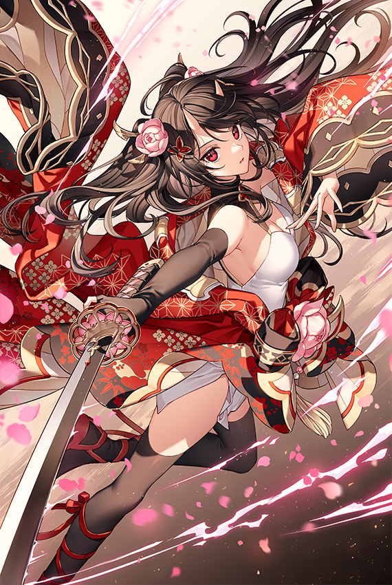 1girl black_hair black_thighhighs breasts chain_chronicle cleavage dress falling_petals flower foot_up furisode_sleeves hair_flower hair_ornament holding holding_sword holding_weapon horns japanese_clothes katana kimono long_hair nardack off-shoulder_dress off_shoulder official_art parted_lips petals red_eyes second-party_source sideboob skin-covered_horns solo swinging_weapon sword thighhighs tsuru_(chain_chronicle) weapon wind zettai_ryouiki