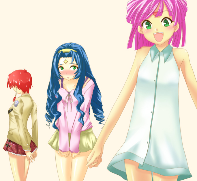 banpresto blue_hair blush despinis dress drill_hair fiona_gureden green_eyes long_hair open_mouth pink_hair red_hair sanbanme_(unimura) short_hair skirt super_robot_wars tis_(srw)