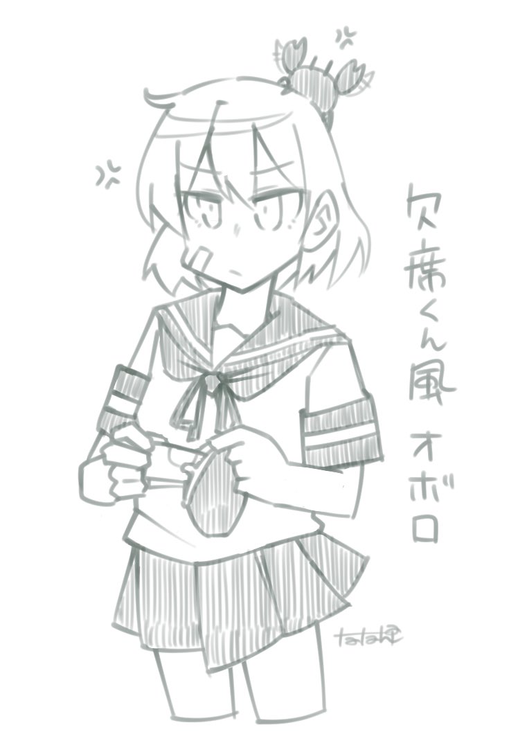 1girl animal animal_on_head bag bandaid bandaid_on_face commentary_request cowboy_shot crab crab_on_head cropped_legs grey_eyes handbag holding kantai_collection monochrome oboro_(kancolle) on_head pleated_skirt sailor_collar sailor_shirt school_uniform serafuku shirt short_hair skirt solo tatahai translation_request
