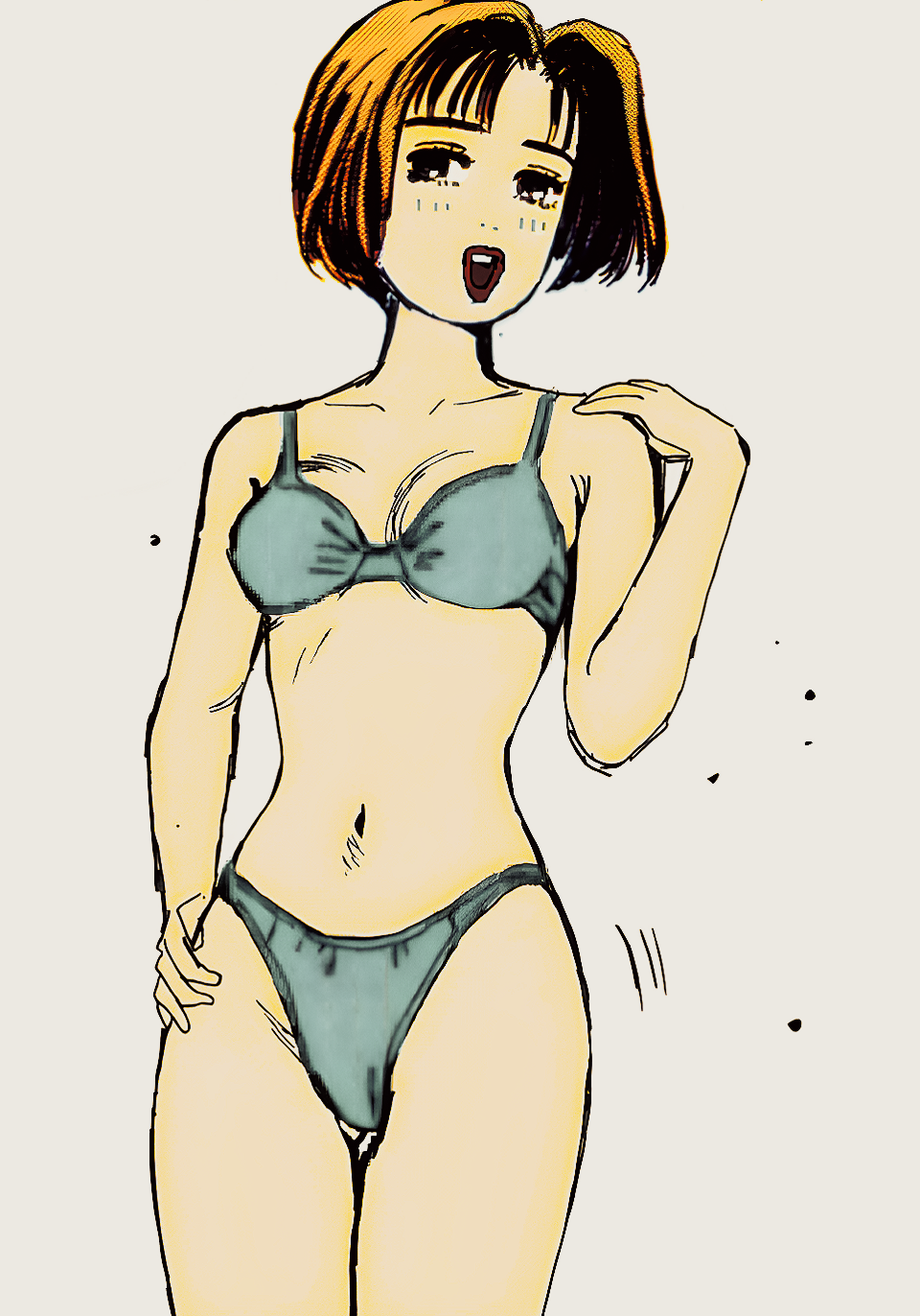 1girl armpits bare_legs bare_shoulders belly bikini blue_bikini bob_cut bra breasts brown_eyes brown_hair cleavage fan_colored highres initial_d medium_breasts midriff mogi_natsuki navel official_art panties short_hair solo swimsuit tagme underwear