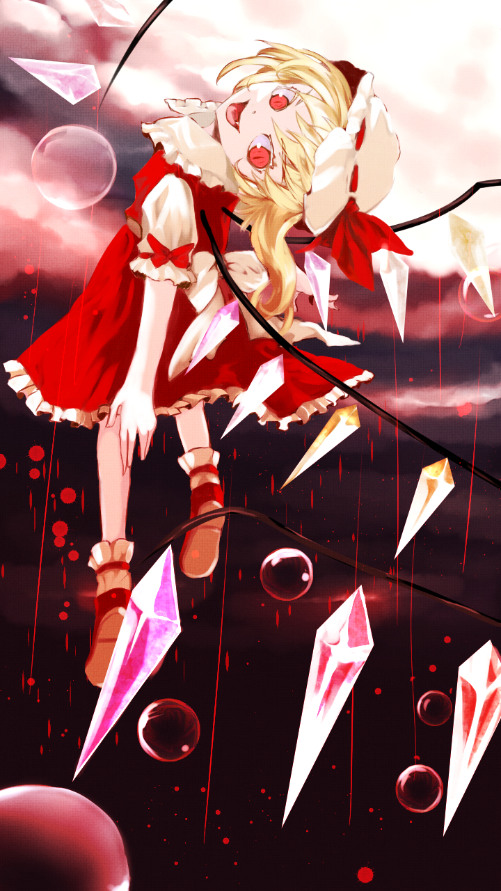 1girl amatou3 back blonde_hair blood colored_eyelashes crystal fang female_focus flandre_scarlet full_body hat hat_ribbon highres looking_at_viewer looking_back mob_cap open_mouth puffy_sleeves red_eyes ribbon shaft_look shirt shoes short_hair short_sleeves skirt skirt_set slit_pupils smile solo touhou vest wings