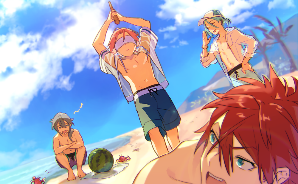 4boys amagi_rinne aqua_hair arms_up baseball_cap beach blindfold closed_eyes crab crazy_b_(ensemble_stars!) ensemble_stars! food fruit grey_hair hand_on_own_hip hat himeru_(ensemble_stars!) holding holding_stick jacket logi_bunbukucha looking_at_another multiple_boys no_shirt open_mouth oukawa_kohaku outdoors pink_hair ponytail red_hair sand see-through_clothes see-through_jacket shiina_niki short_ponytail smile squatting stick topless_male watermelon
