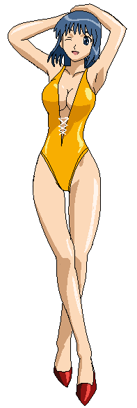 arms_up blue_eyes blue_hair breasts cleavage derivative_work female_focus high_heels hip_focus large_breasts one-piece_swimsuit one_eye_closed school_rumble screenshot_redraw smile solo suou_mikoto_(school_rumble) swimsuit wide_hips wink
